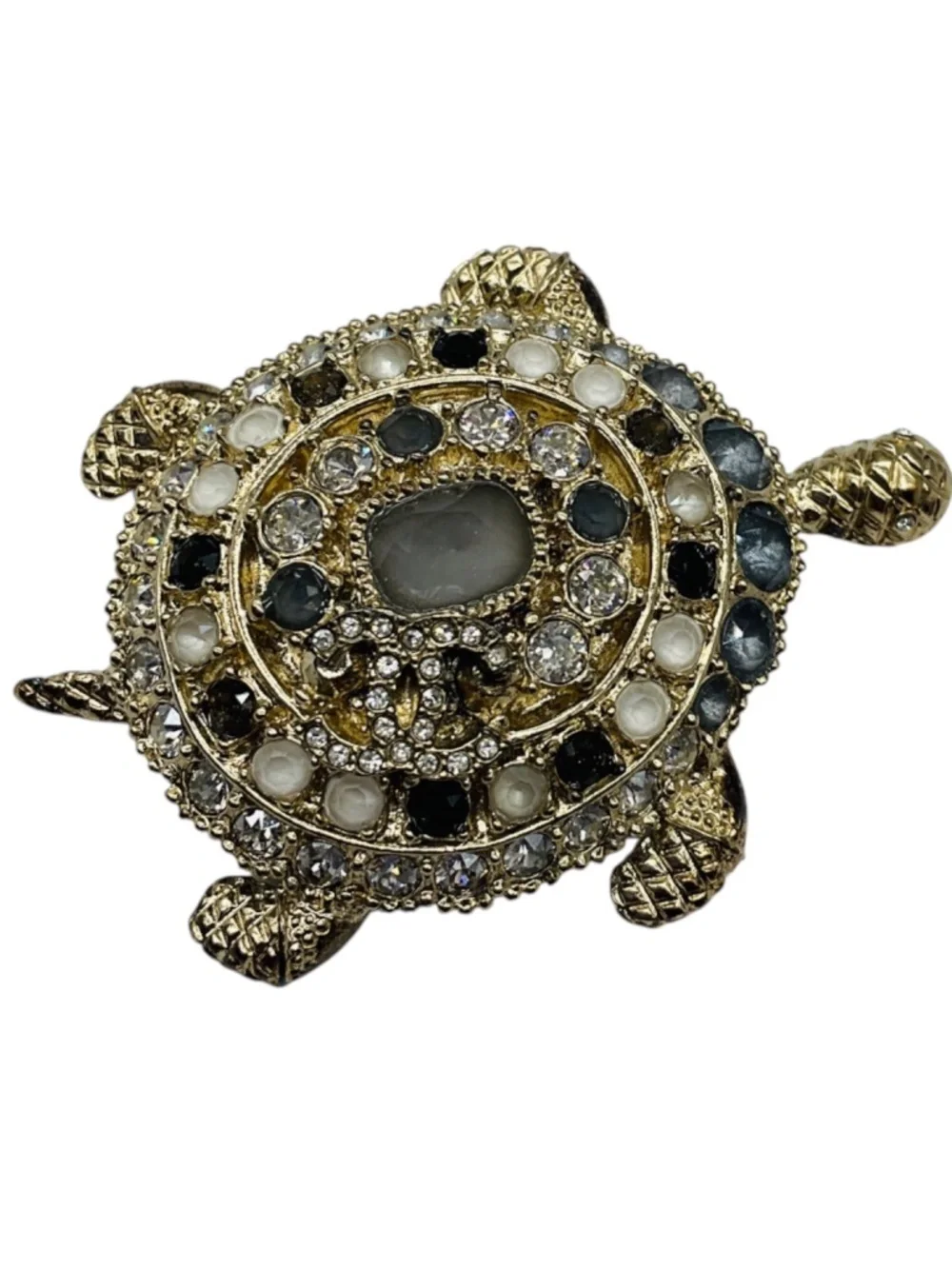 CHANEL 2019 CC LOGO STRASS CRYSTAL EMBELLISHED LIGHT GOLD TURTLE BROOCH